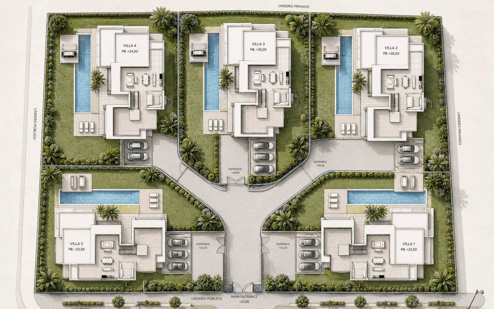 Lomas de Rio Verde masterplan, five villas